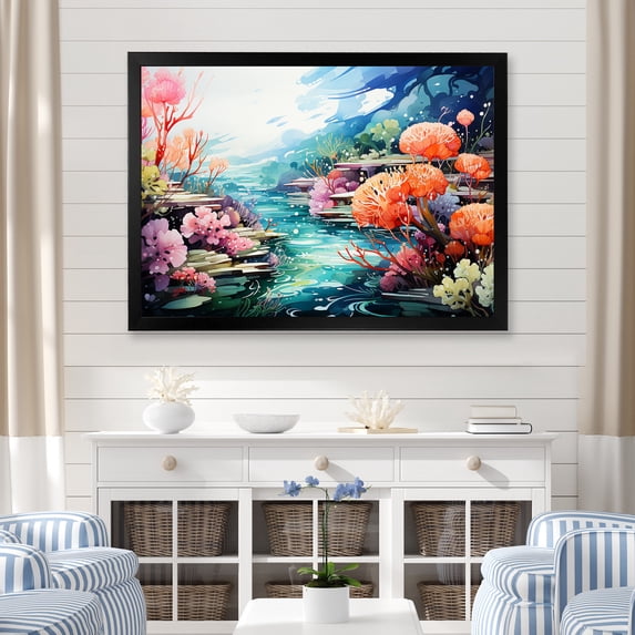 Designart "Realistic Garden of Underwater Coral III" Animals Framed Wall Art Decor - Modern Pink Coral Bedroom Framed Canvas Wall Art