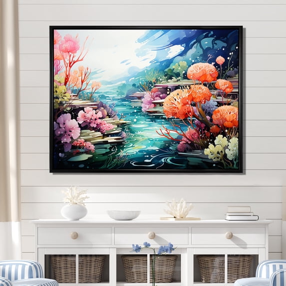 Designart "Realistic Garden of Underwater Coral III" Animals Framed Wall Art - Modern Pink Coral Hallway Framed Wall Art Decor