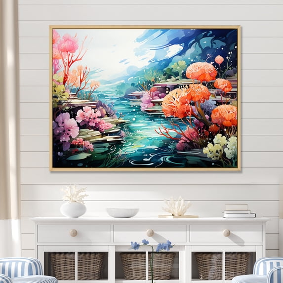 Designart "Realistic Garden of Underwater Coral III" Animals Framed Wall Art - Modern Pink Coral Hallway Framed Wall Art Decor