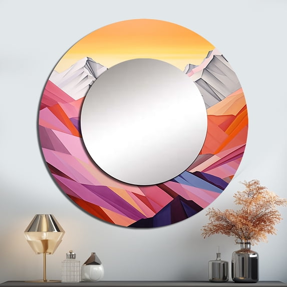 Designart "Realm Of Sunrise Among The Mountains" Mountains Rund Mirror For Wall Decor - Large Multicolor Round Print Mirror - Round Country Mirror - Wall Mounted Round Large Mirror - 36" x 36"