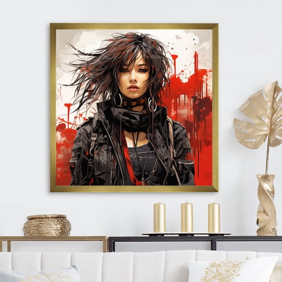 Designart "Rebellion Portrait of Punk Woman in Black and Red IV" Fashion Framed Wall Art Decor - Glam Black Fashion Illustration Entryway Framed Wall Art