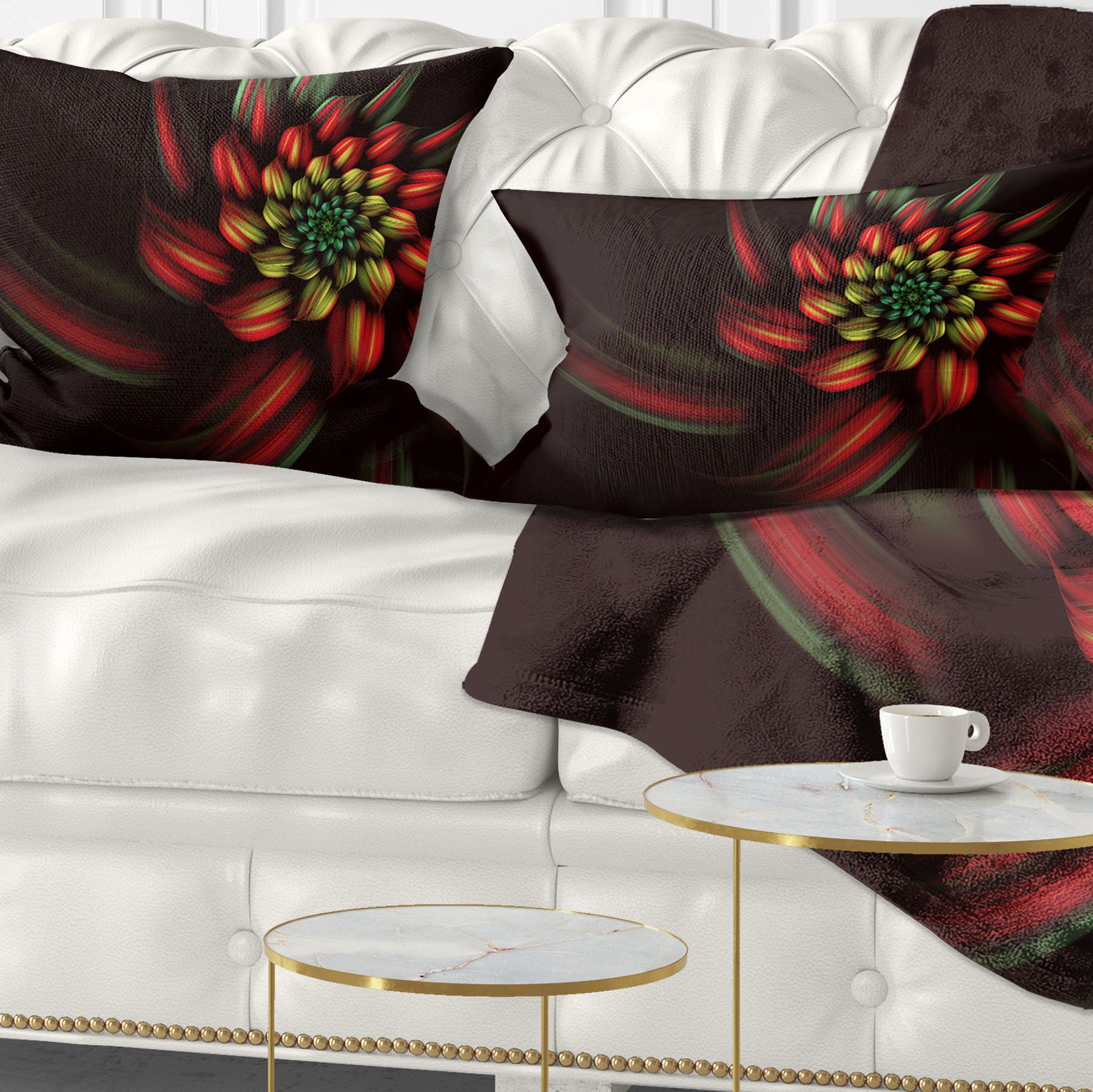 Designart Red Abstract Fractal Flower Spiral - Floral Throw Pillow - 12x20