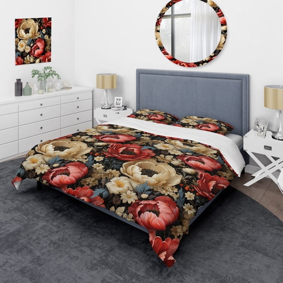 Designart "Red And Beige Elegant Poppy Blossom Field" Floral Bedding Covert Set - Cottage Bed Set With 2 Shams