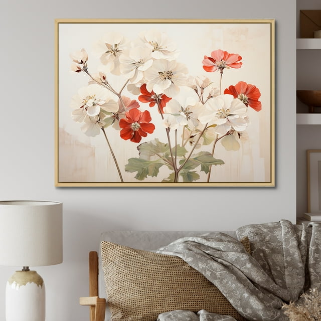 Designart "Red And Beige Geraniums In Minimalism" Geraniums Floater Framed Canvas Prints