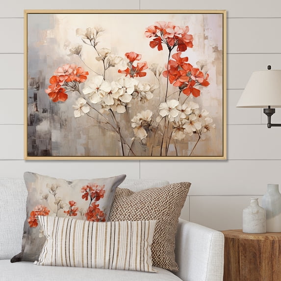 Designart "Red And Beige Geraniums In Minimalism I" Geraniums Floater Framed Wall Decor