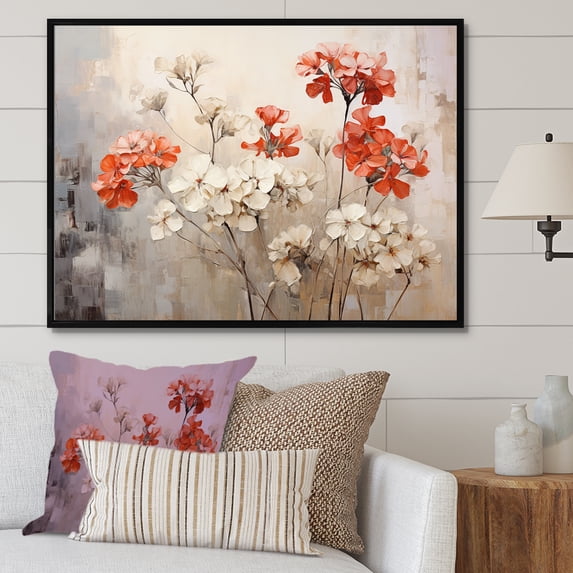 Designart "Red And Beige Geraniums In Minimalism I" Geraniums Floater Framed Wall Decor