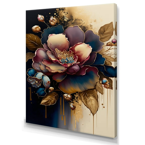 Designart Red And Gold Camellia Floral Design I Canvas Wall Art