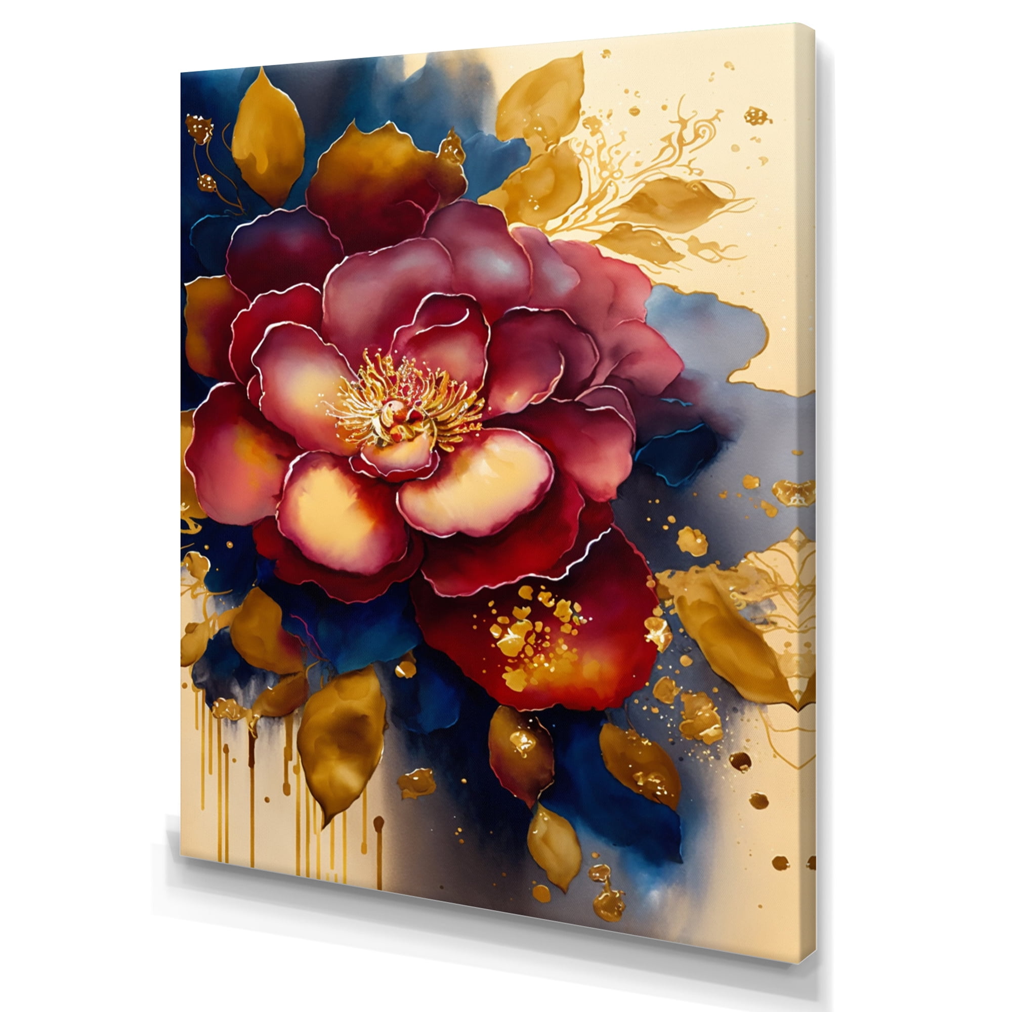 Designart Red And Gold Camellia Floral Design II Canvas Wall Art