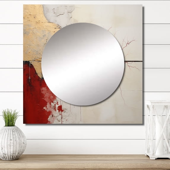 Designart "Red And Gold Minimalistic Horizon" Abstract painting Square Mirror Wall Decor Modern - Large Purple Square Bathroom Mirror - Square Printed Wall Mirror Art