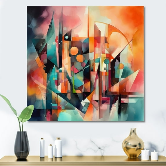 Designart "Red And Green Abstracted Visions Of Space" Modern Geometric Canvas Art Print