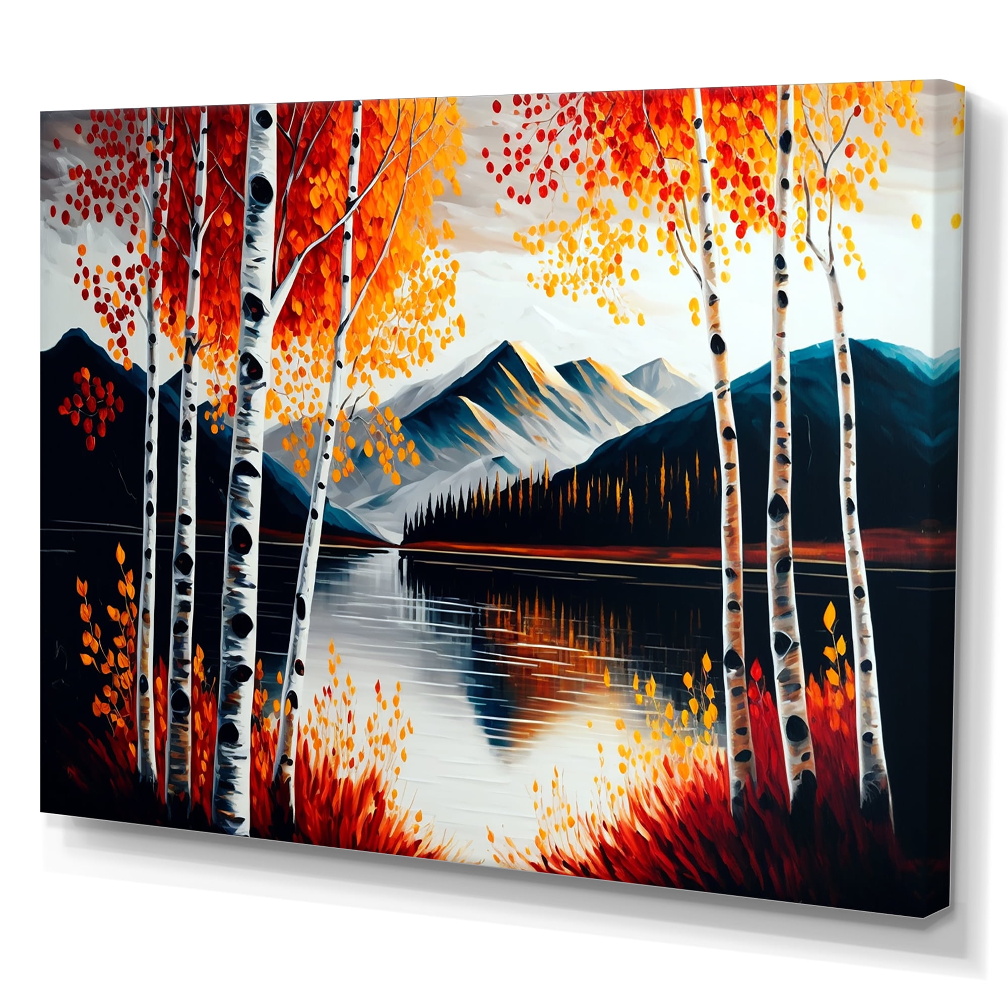 Designart Red And Orange Birch Trees By The Lake I Canvas Wall Art