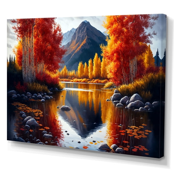 Designart Red And Orange Birch Trees By The Lake IV Canvas Wall Art
