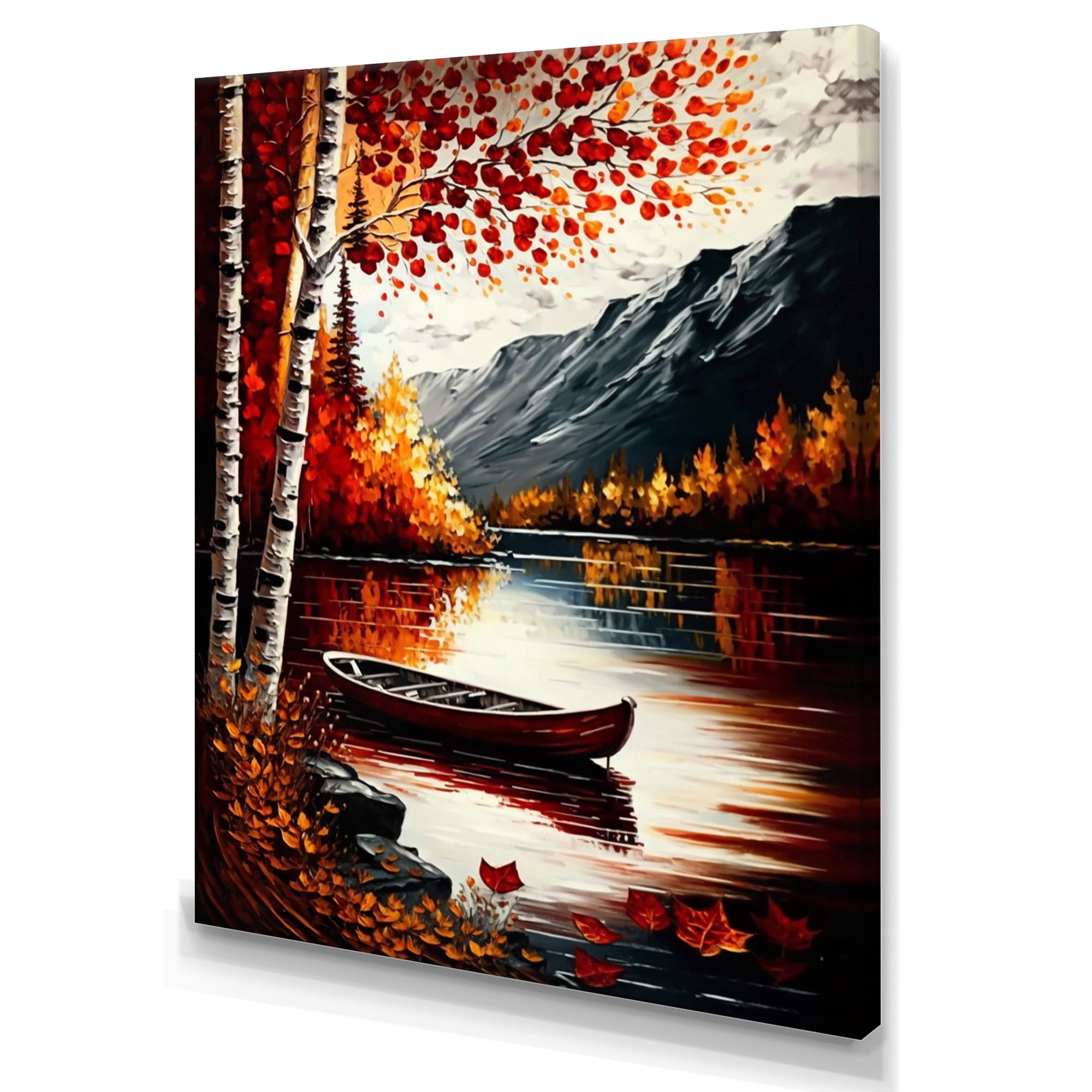 Designart Red And Orange Birch Trees By The Lake IX Canvas Wall Art