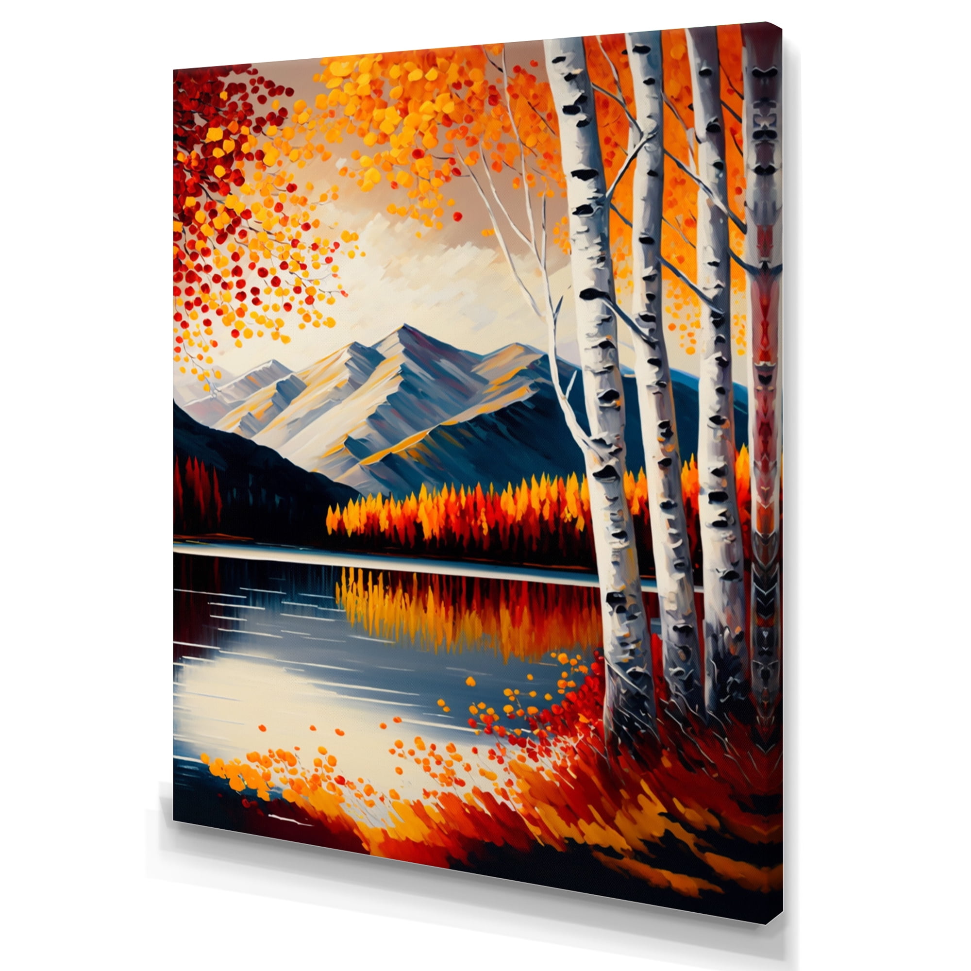 Designart Red And Orange Birch Trees By The Lake V Canvas Wall Art