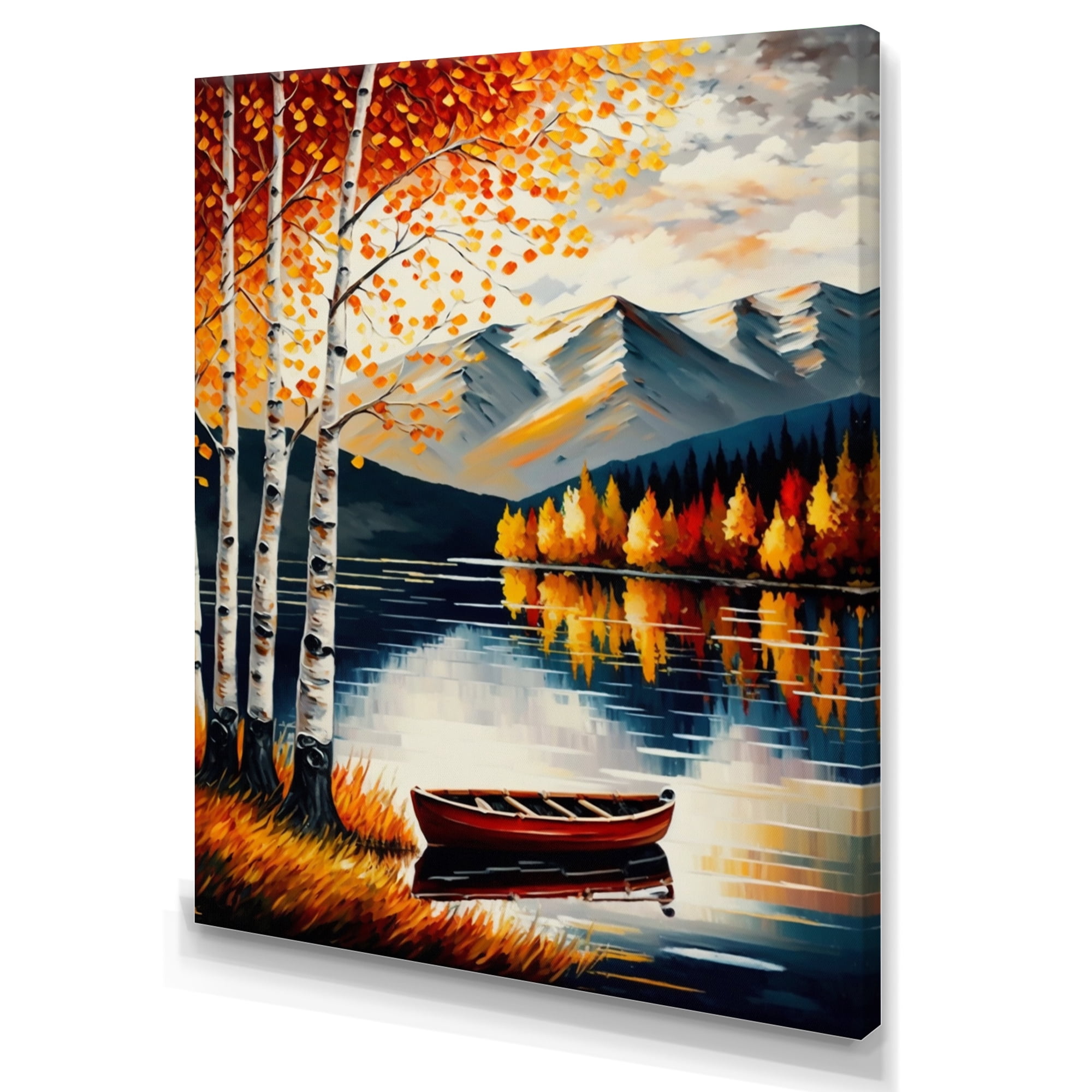 Designart Red And Orange Birch Trees By The Lake VII Canvas Wall Art