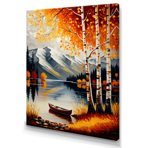 Designart Red And Orange Birch Trees By The Lake VIII Canvas Wall Art