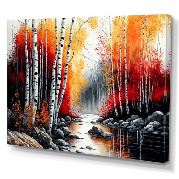 Designart Red And Orange Birch Trees By The River Canvas Wall Art