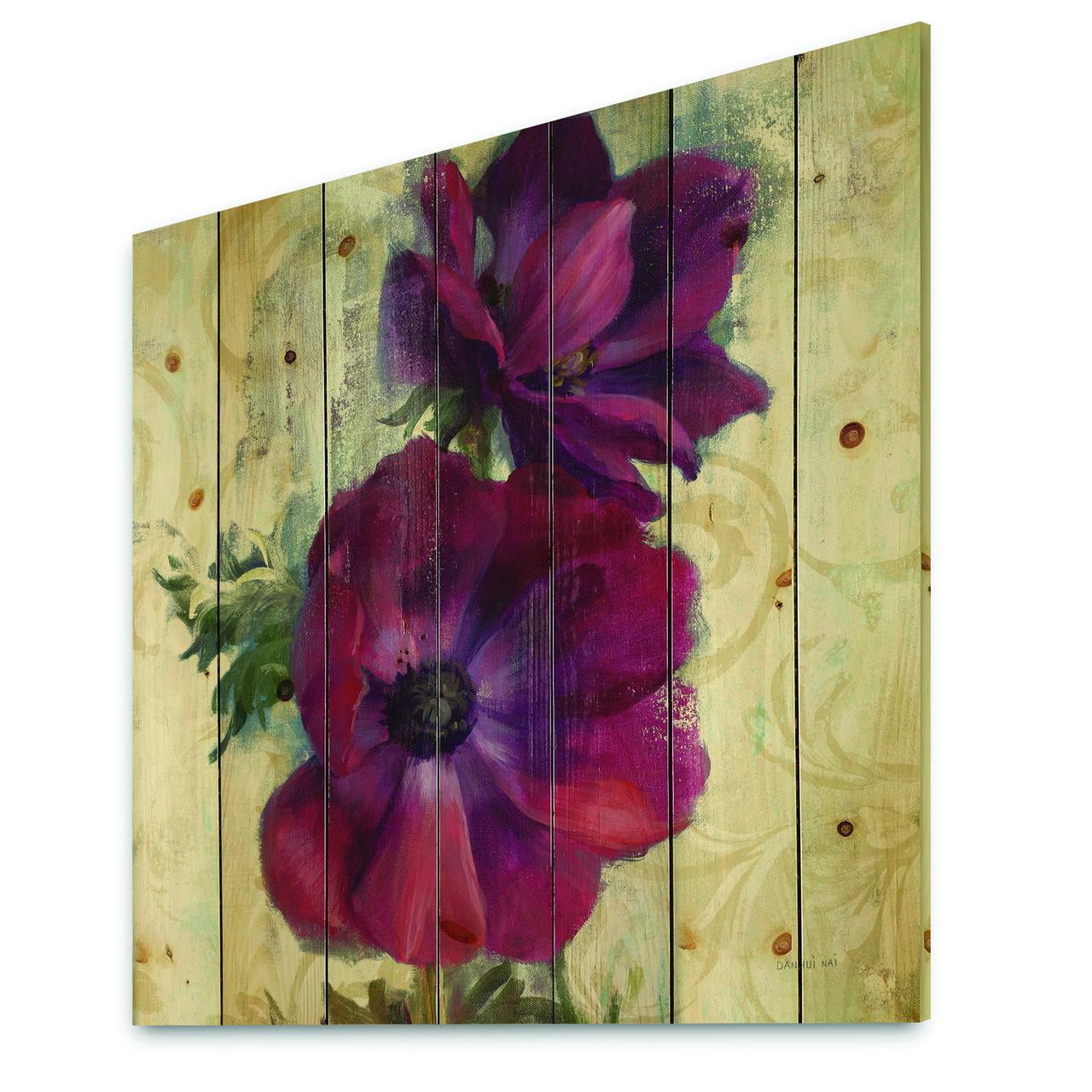 Designart 'Red Anemone Watercolor Flower' Floral Farmhouse Print on Natural Pine Wood
