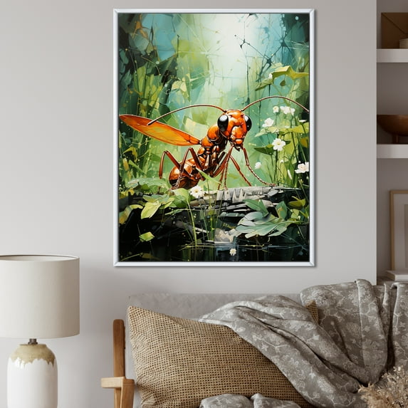Designart "Red Ant Ventures In Verdant Landscapes" Animals Ant Floater Framed Canvas Prints