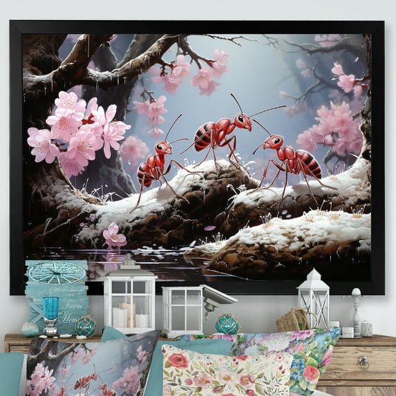 Designart "Red Ants Gathering Pastel Shades" Animals Ant Picture Framed Wall Art Living Room