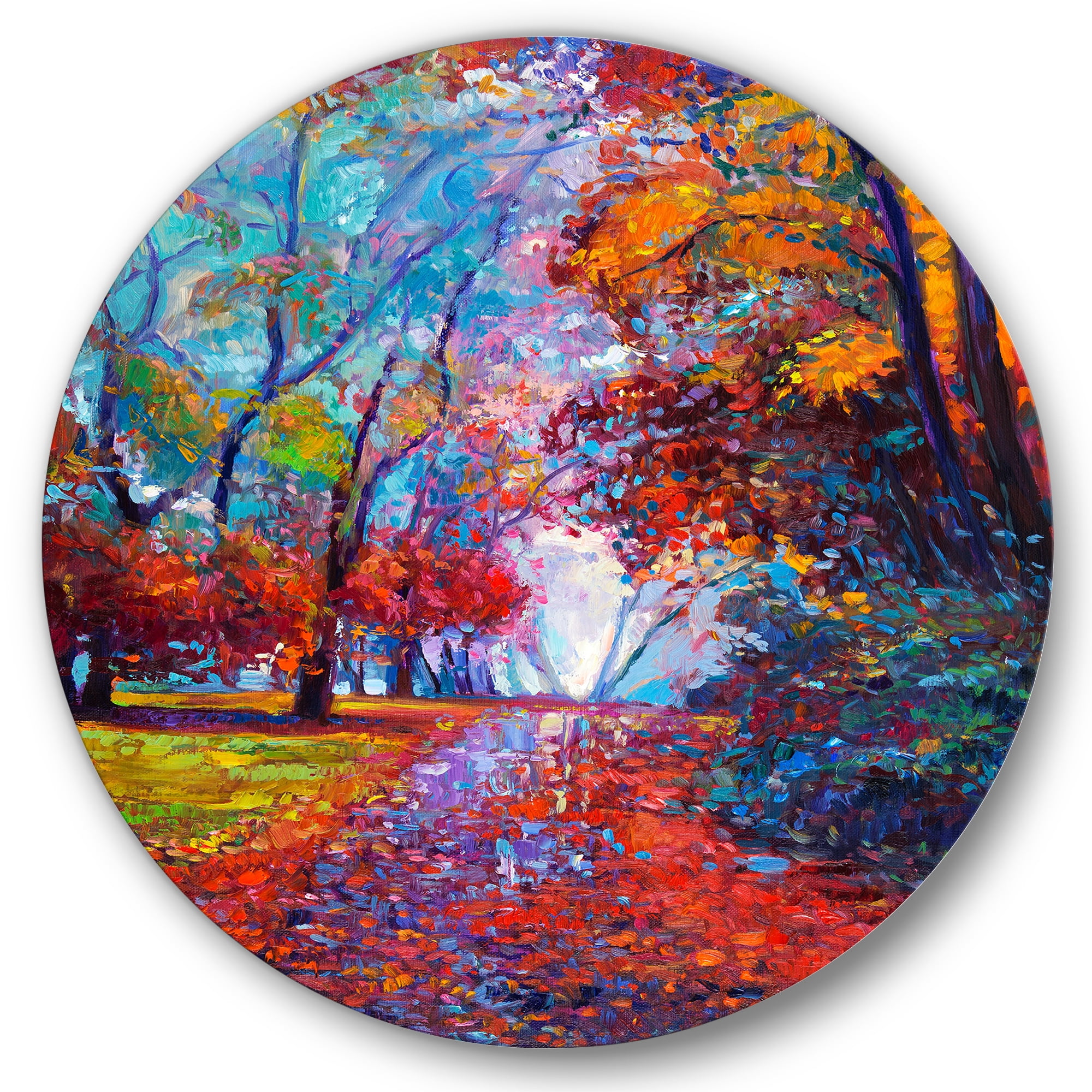 Designart 'Red Autumn Landscape With Little Road' Traditional Circle Metal Wall Art 11x11 - Disc of 11
