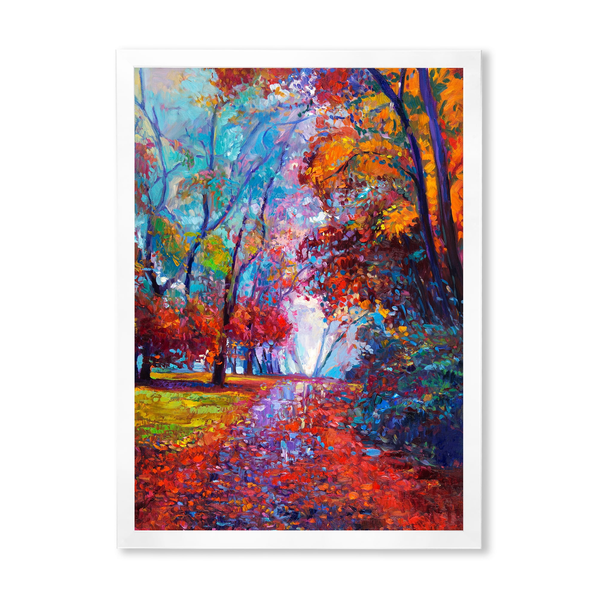 Designart 'Red Autumn Landscape With Little Road' Traditional Framed Art Print
