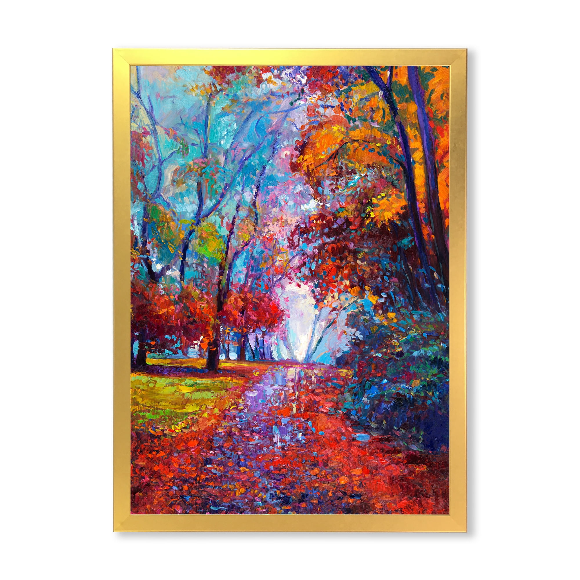 Designart 'Red Autumn Landscape With Little Road' Traditional Framed Art Print