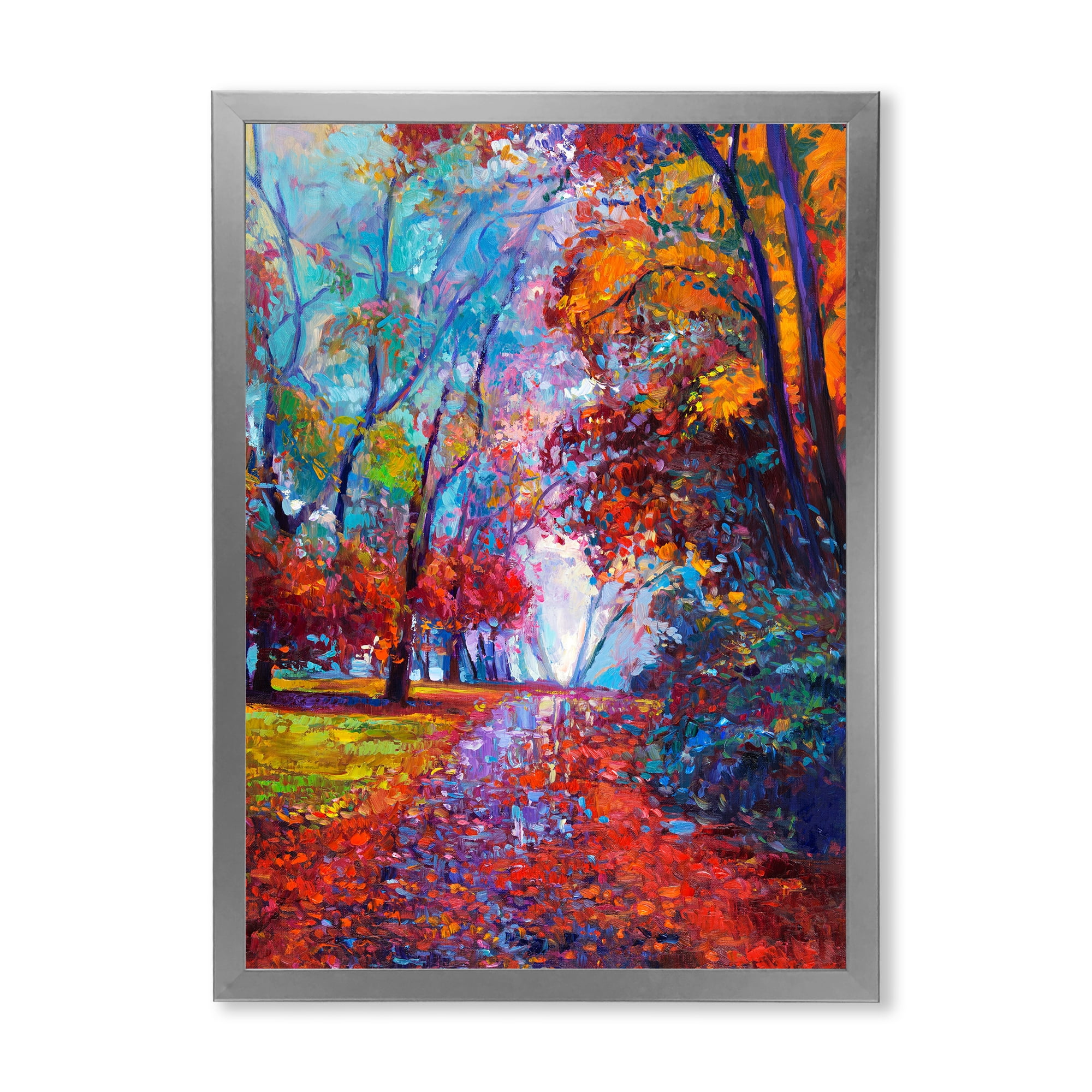 Designart 'Red Autumn Landscape With Little Road' Traditional Framed Art Print