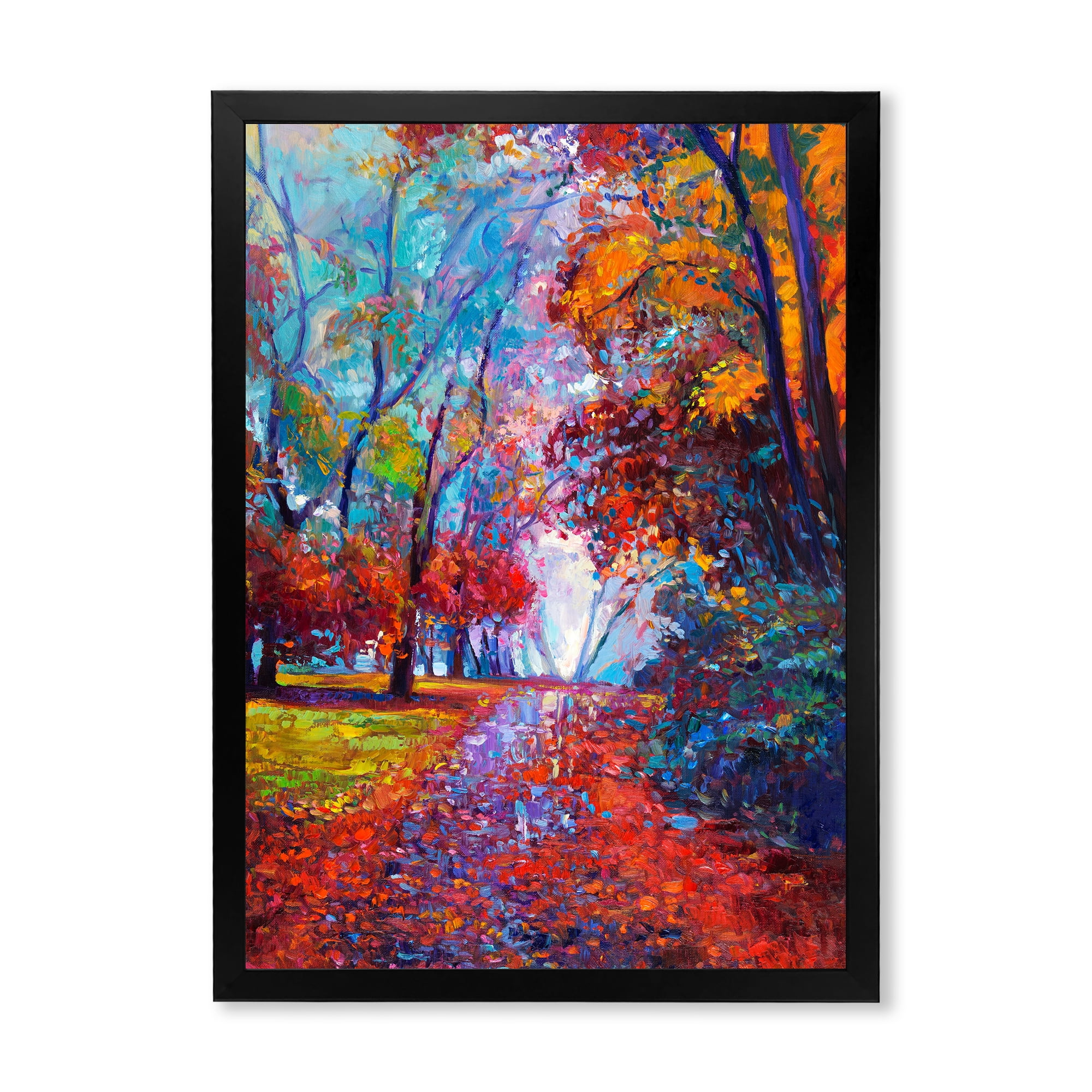 Designart 'Red Autumn Landscape With Little Road' Traditional Framed Art Print