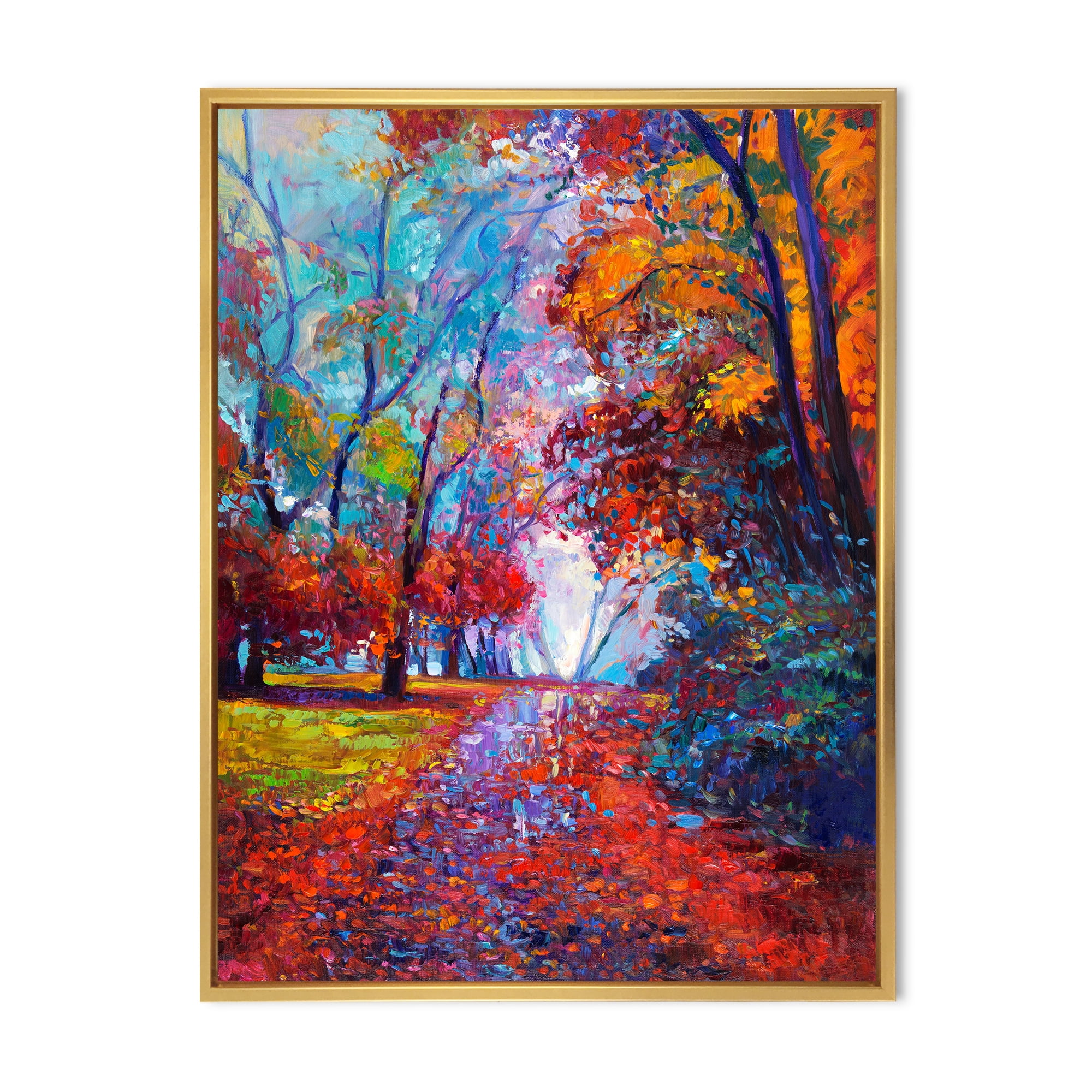 Designart 'Red Autumn Landscape With Little Road' Traditional Framed Canvas Wall Art Print