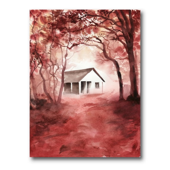 Designart ' Red Autumn Woods and A House in Wild ' Cabin & Lodge Canvas Wall Art Print