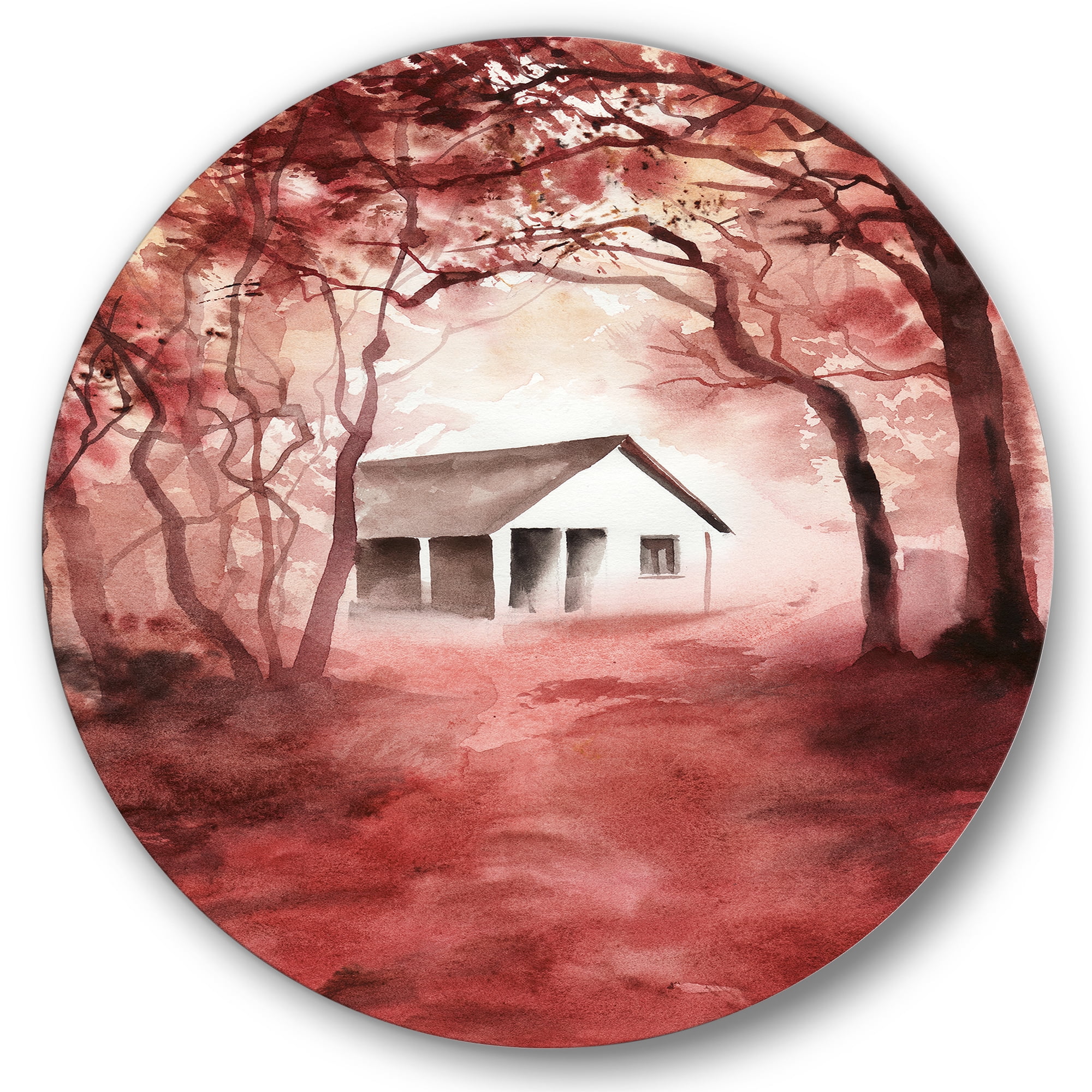 Designart 'Red Autumn Woods and A House in Wild' Cabin & Lodge Circle Metal Wall Art 23x23 - Disc of 23