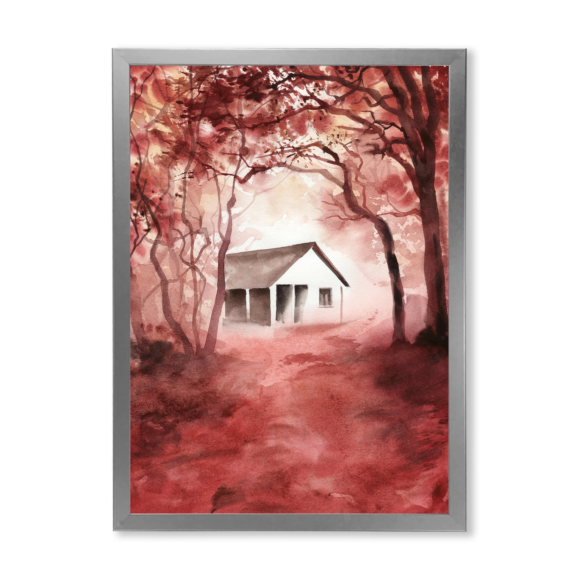 Designart 'Red Autumn Woods and A House in Wild' Cabin & Lodge Framed Art Print