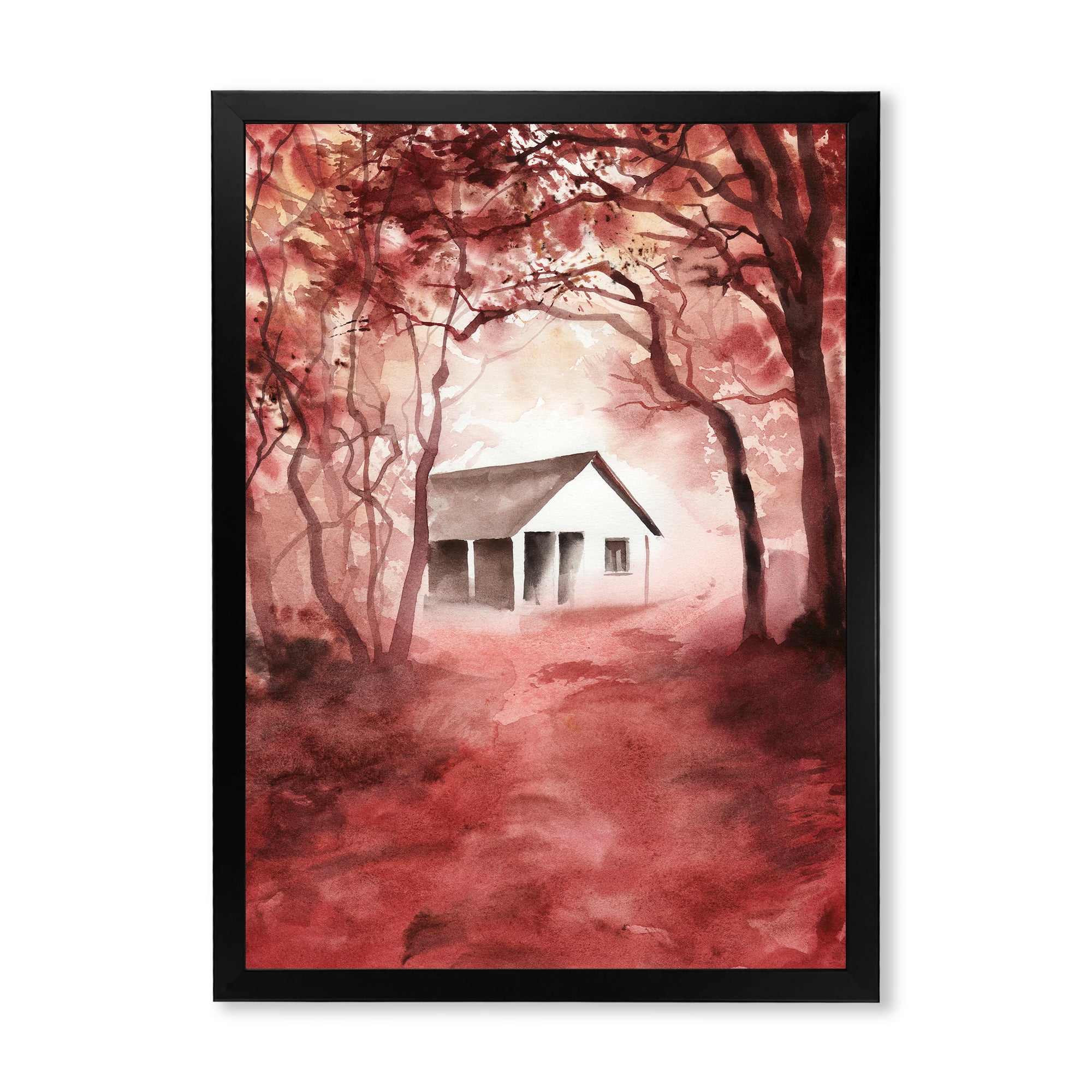 Designart 'Red Autumn Woods and A House in Wild' Cabin & Lodge Framed Art Print