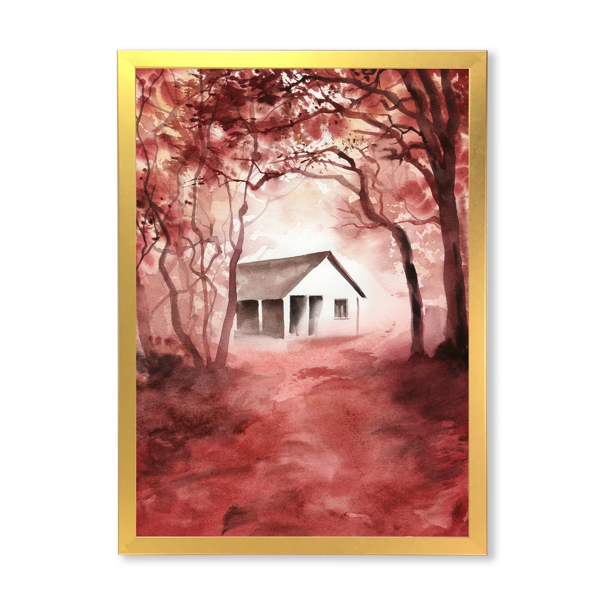 Designart 'Red Autumn Woods and A House in Wild' Cabin & Lodge Framed Art Print