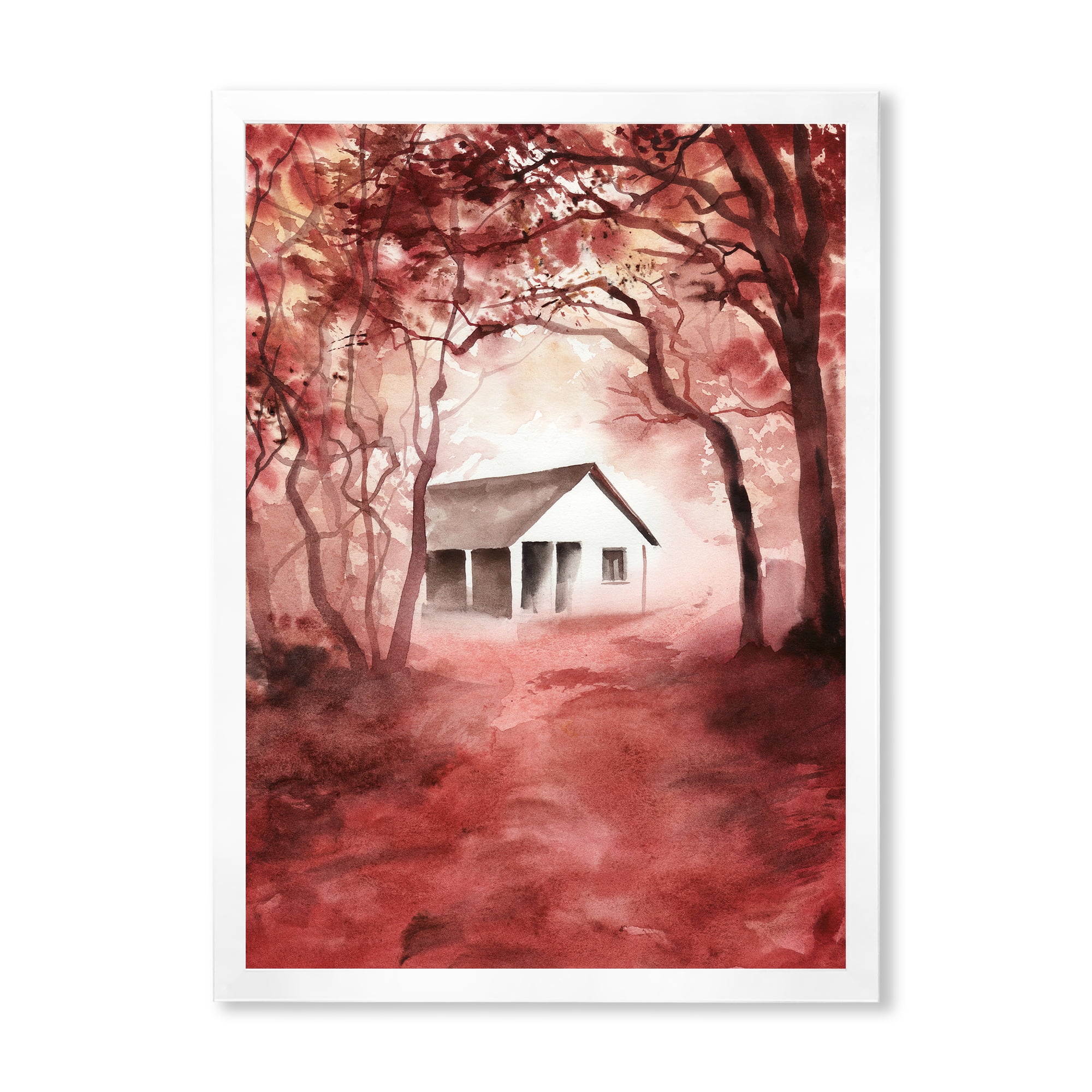 Designart 'Red Autumn Woods and A House in Wild' Cabin & Lodge Framed Art Print