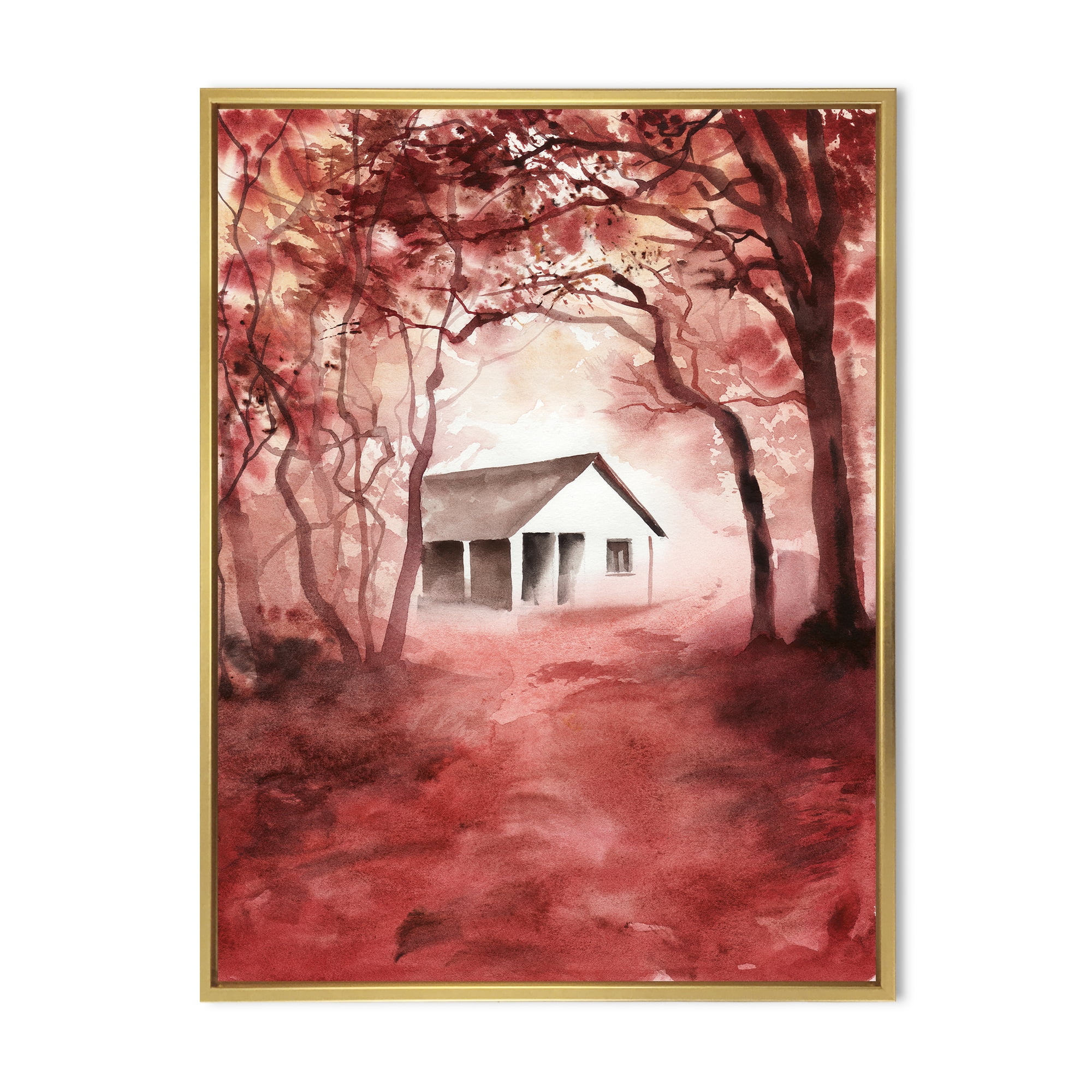 Designart 'Red Autumn Woods and A House in Wild' Cabin & Lodge Framed Canvas Wall Art Print