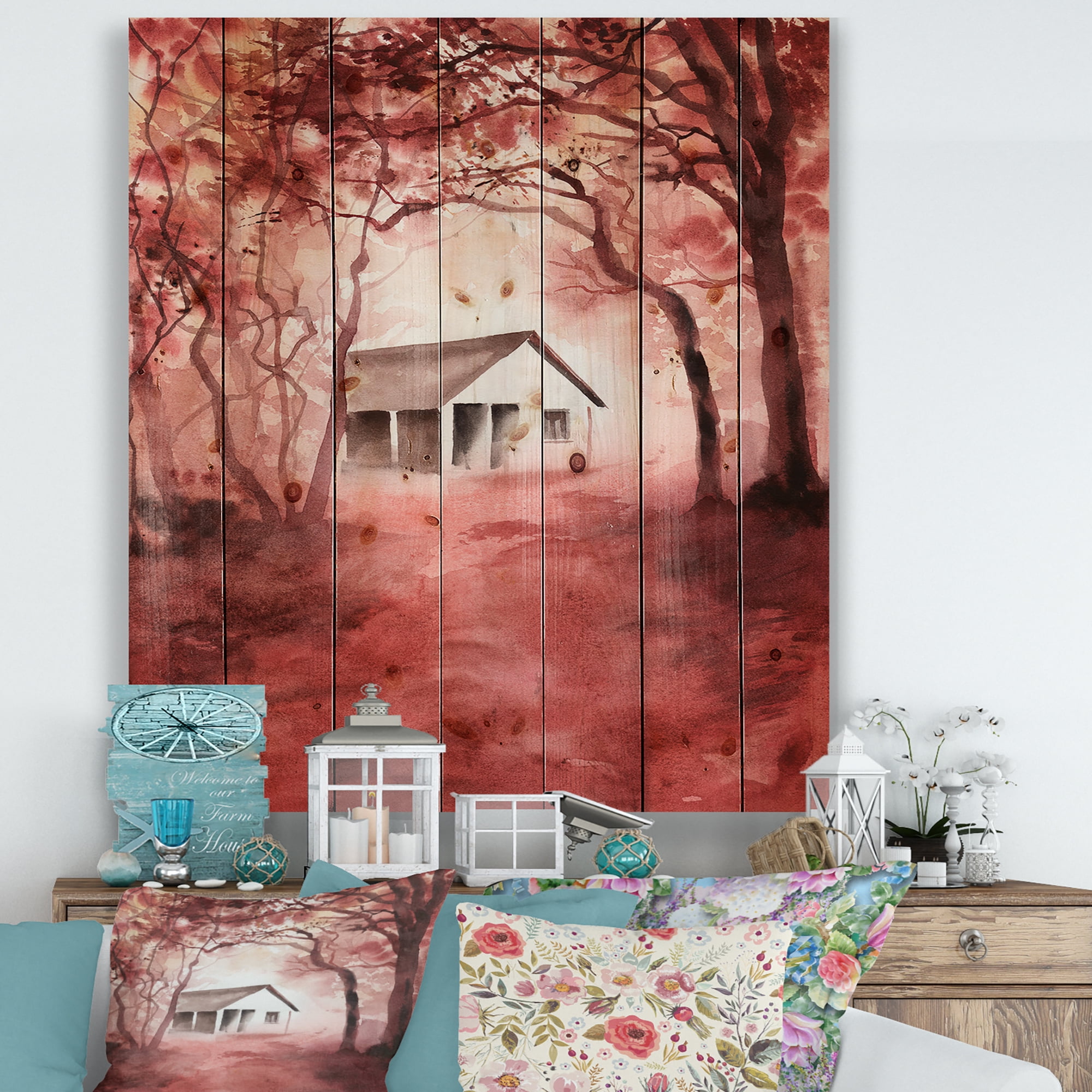 Designart 'Red Autumn Woods and A House in Wild' Cabin & Lodge Print on Natural Pine Wood