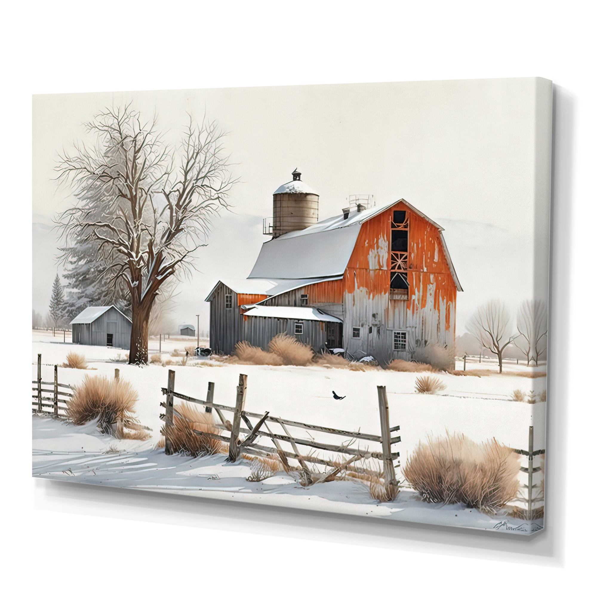 Designart Red Barn Scenery In Winter I Canvas Wall Art