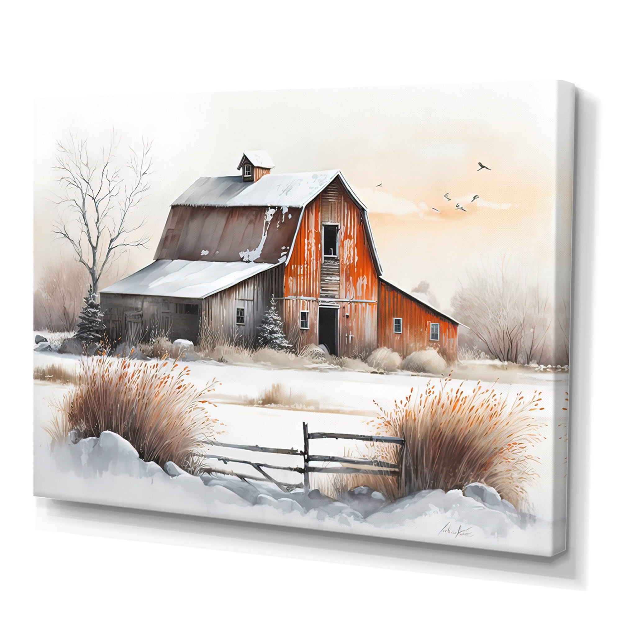 Designart Red Barn Scenery In Winter II Canvas Wall Art