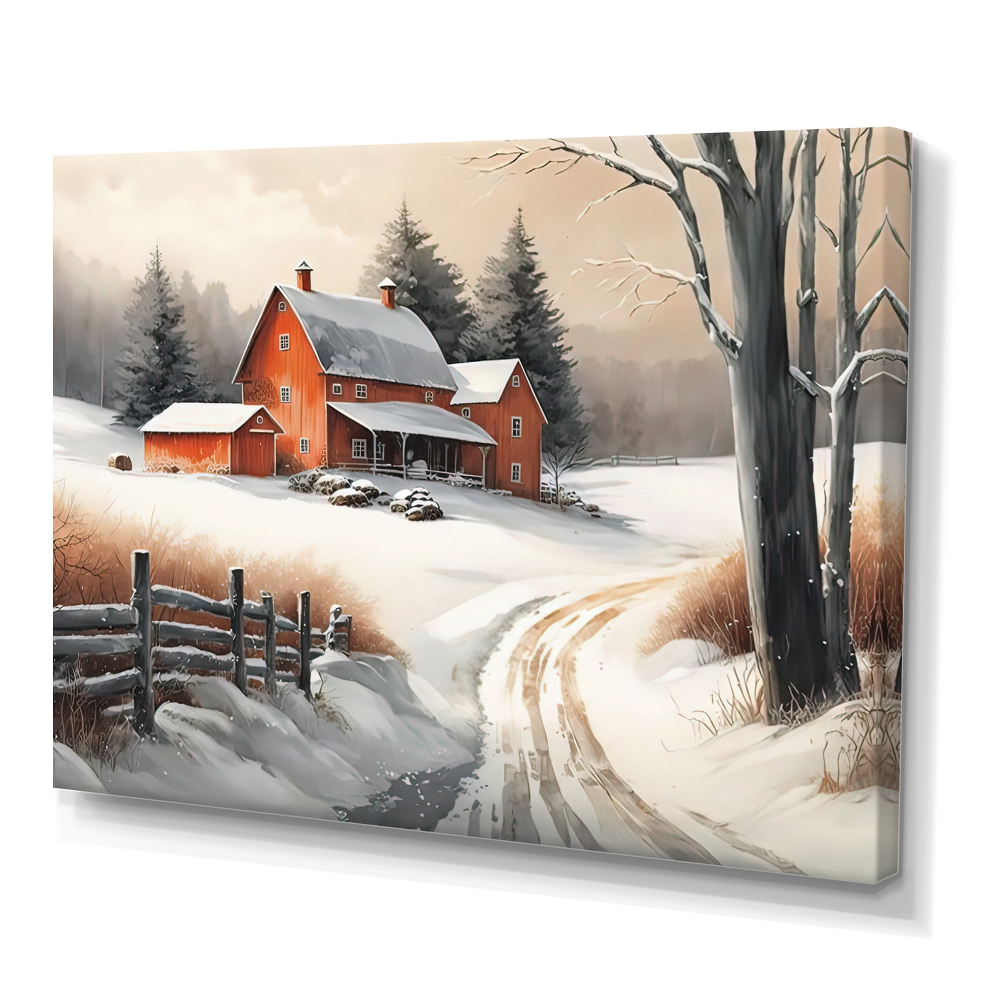 Designart Red Barn Scenery In Winter III Canvas Wall Art
