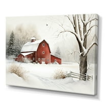 Designart Red Barn Scenery In Winter IV Canvas Wall Art