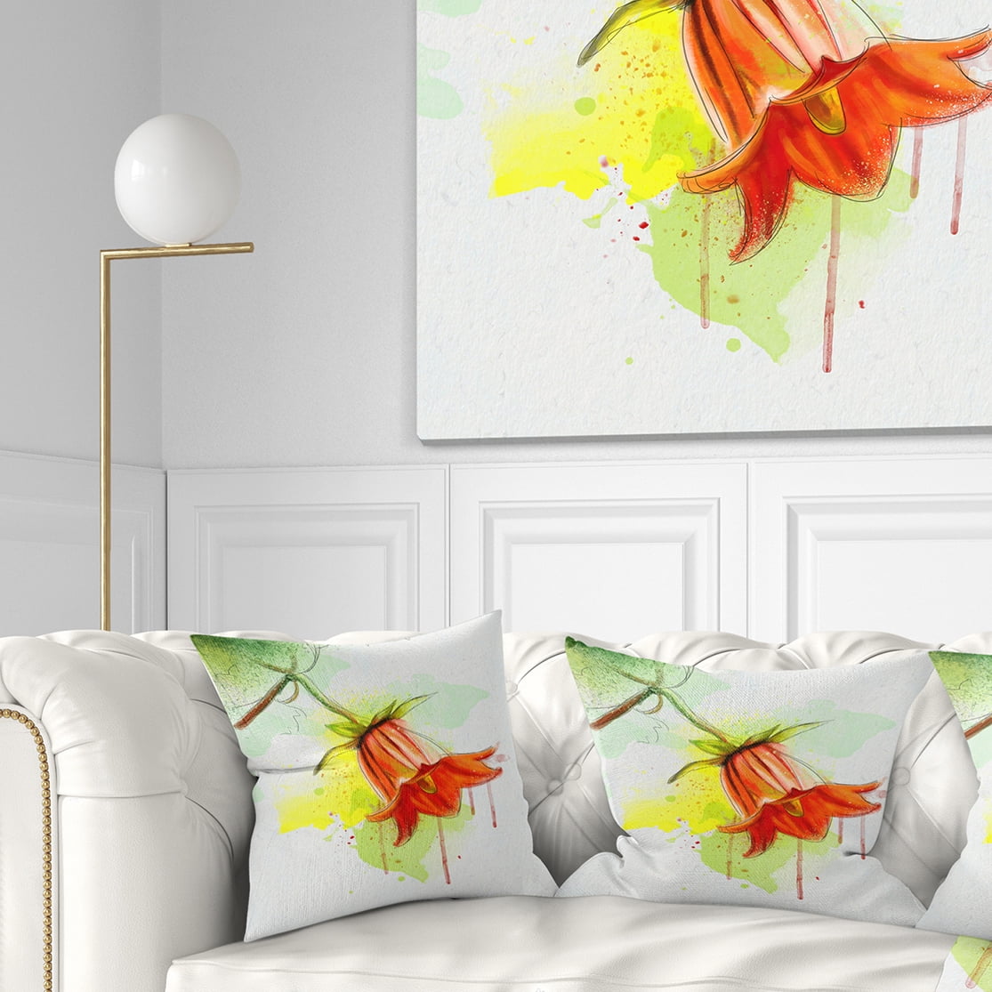 Designart Red Bellflower Sketch Watercolor - Floral Throw Pillow - 16x16