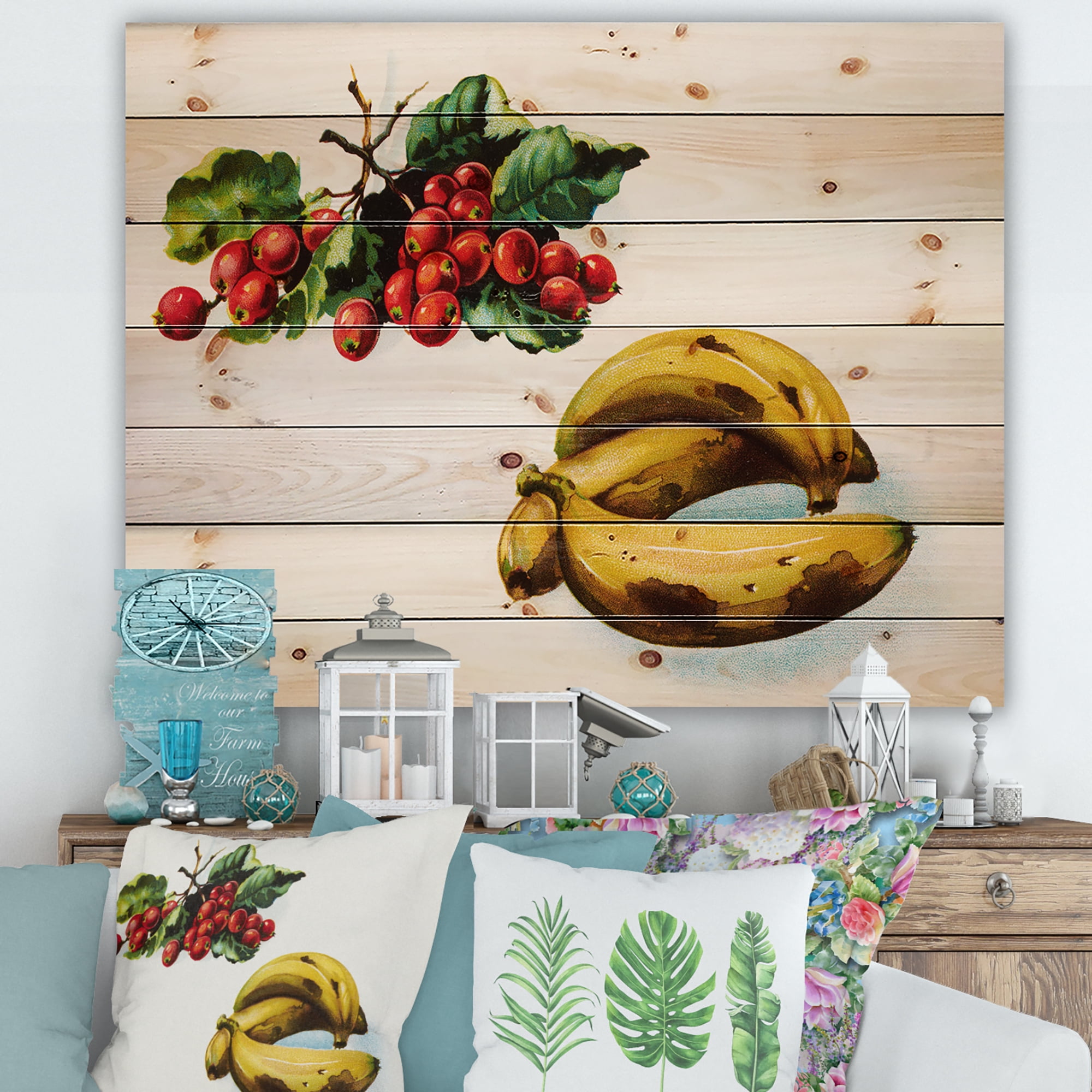 Designart 'Red Berries and Banana' Farmhouse Print on Natural Pine Wood