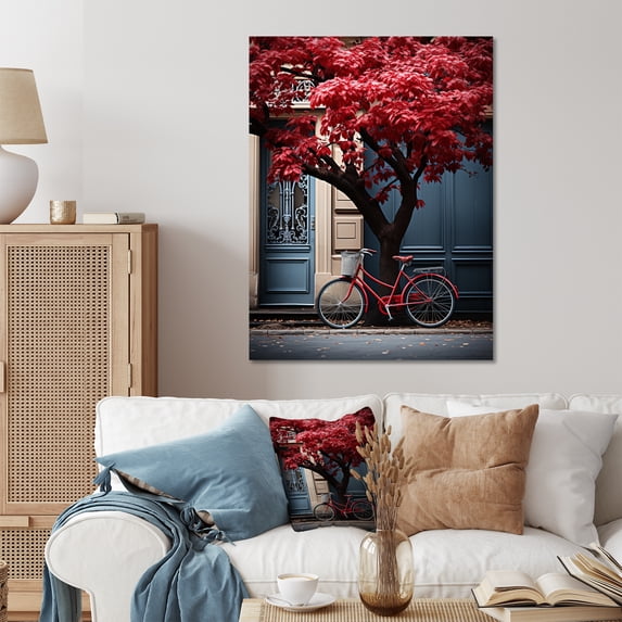 Designart "Red Bicycle France Parisian wall art I" France Metal Art Living Room