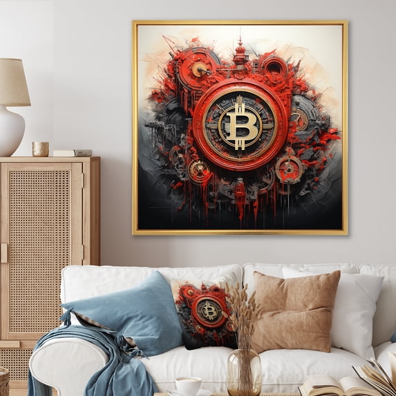 Designart "Red Bitcoin Cryptocurrency III" Fashion Framed Wall Art - Red Fashion Bitcoin Bedroom Framed Canvas Wall Art