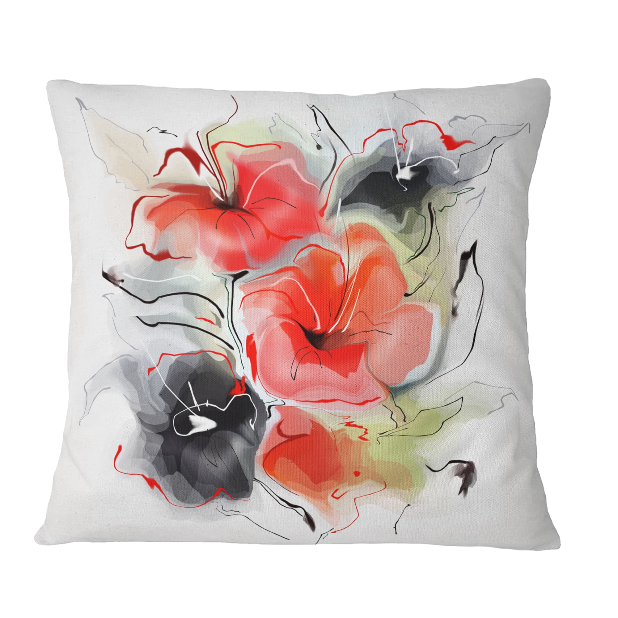 Designart Red Black Abstract Floral Design - Floral Throw Pillow - 18x18