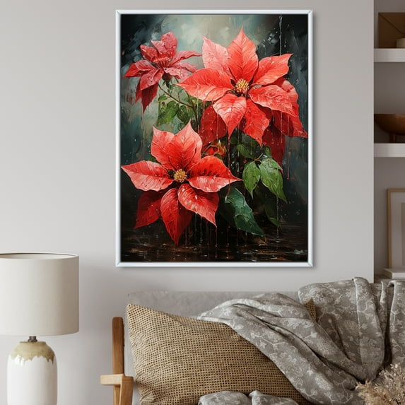 Designart "Red Black Poinsettias Holiday Velvet Collage I" Floral & Botanical Floater Framed Wall Art Living Room
