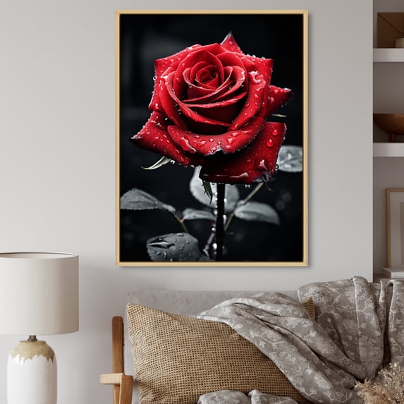 Designart "Red Black Rose gracefulness II" Floral Floater Framed Wall Decor