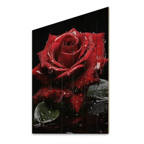 Designart "Red Black Rose gracefulness III" Floral Print on Natural Pine Wood